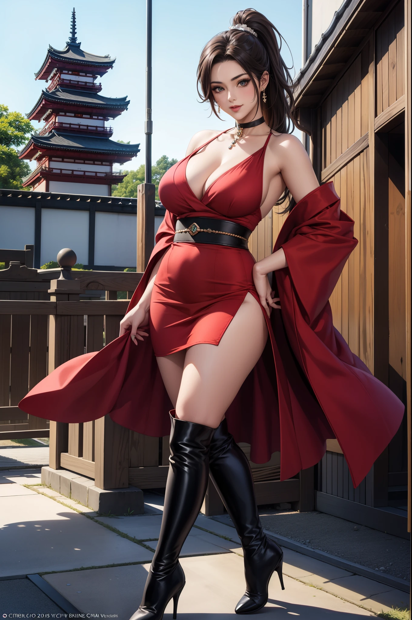 Japanese girl looking at viewer, (8k, raw photo, masterpiece:1.3), (realist, photorealist:1.1), 1 girl, Best Quality ,hyper detailed, High resolution, Skinny body, (happy, happy,smile:0.9), casa oriental, outdoor, field, thighs, (kimono:1.2),medium chest, long black hair