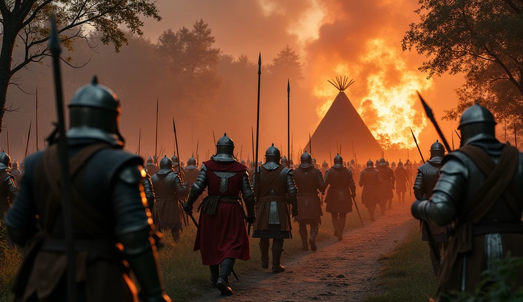 16th century European soldiers in iron armor invading an indigenous village with ancient 16th century weapons. Fire in the houses. dense forest