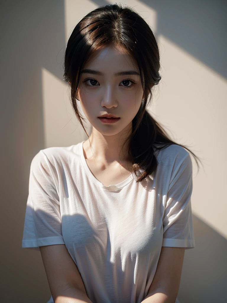 Highest quality、masterpiece、Ultra-high resolution、(Realism:1.4)、 1 person、In a pale background、Deep Shadow、Low Key、Shortcuts、Upper Body、sex appeal、Wearing a thick T-shirt、Cosmetic CM
