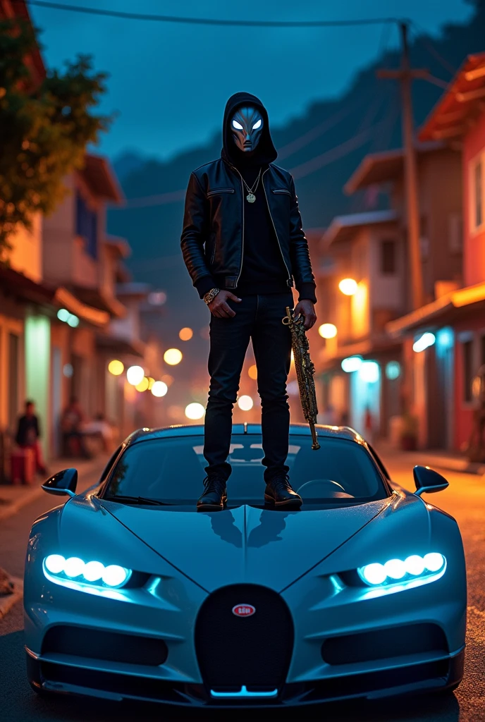 A young man with a mask and white eyes with a presidential weapon on top of a Bugatti in a favela at night 