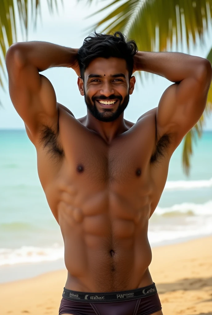 Handsome Shirtless Indian men Nude, age 23, smile, fully hairy big Chest, big puffy nipples, 14 inches biceps, Hands Up, show Hairy armpits, Abs, pubic hair, underwear, big bugle 