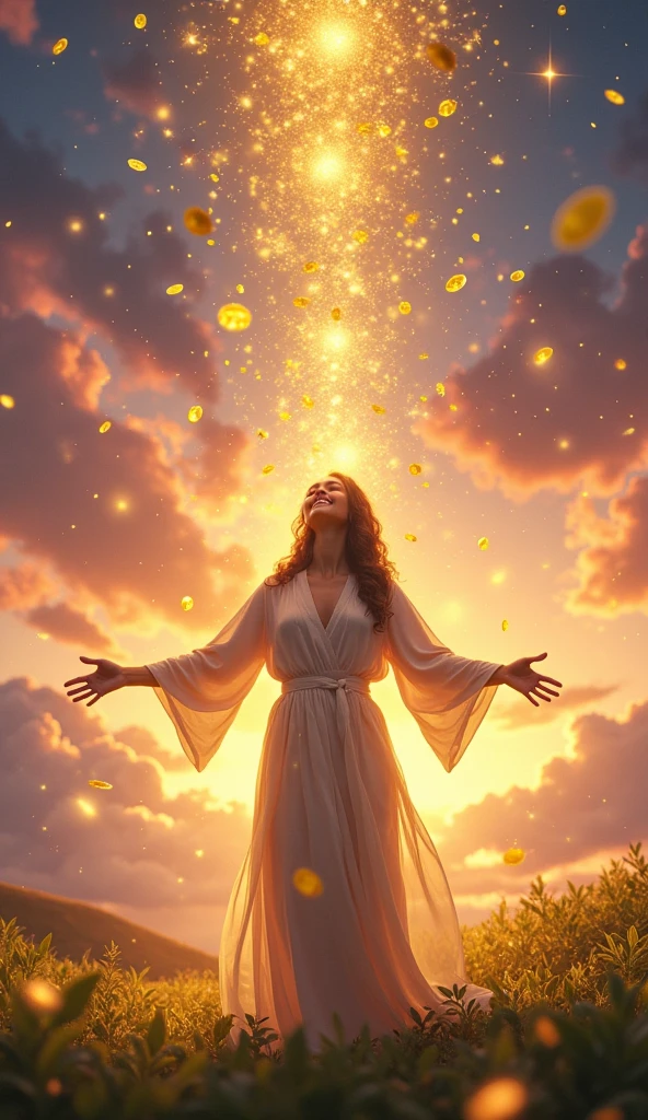 someone receiving gifts from the universe, represented by symbols of wealth.