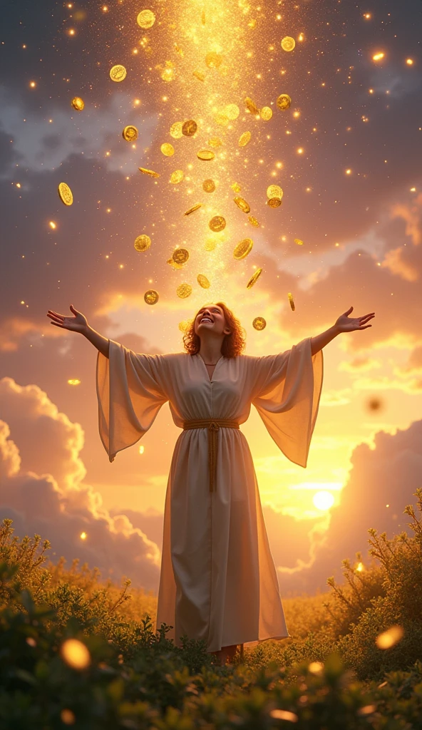 someone receiving gifts from the universe, represented by symbols of wealth.
