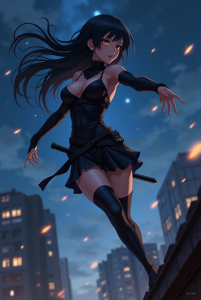 ((anime)) adult woman, (black ninja costume with cleavage and mini-skirt), throwing shuriken, short ninja blade on the back, jumping on a roof, attached hair, (big breasts)