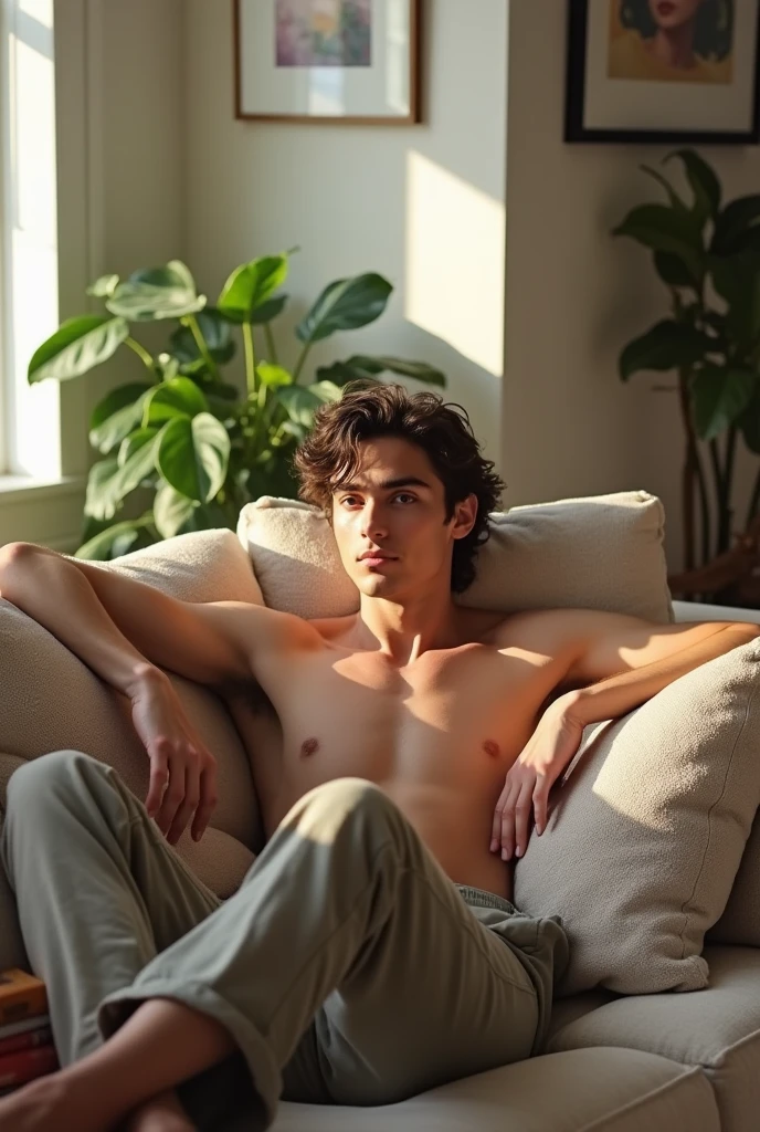 Thimotee Chalamet, shirtless and showing the soles of his bare feet on the couch at home