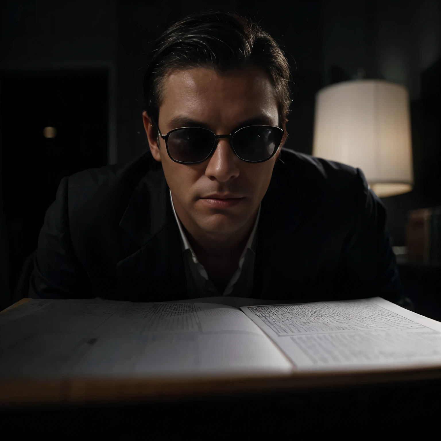 social maffia, bureau, business photo of lawyer (Man) with black sunglasses, extrem light from lamp, dark room