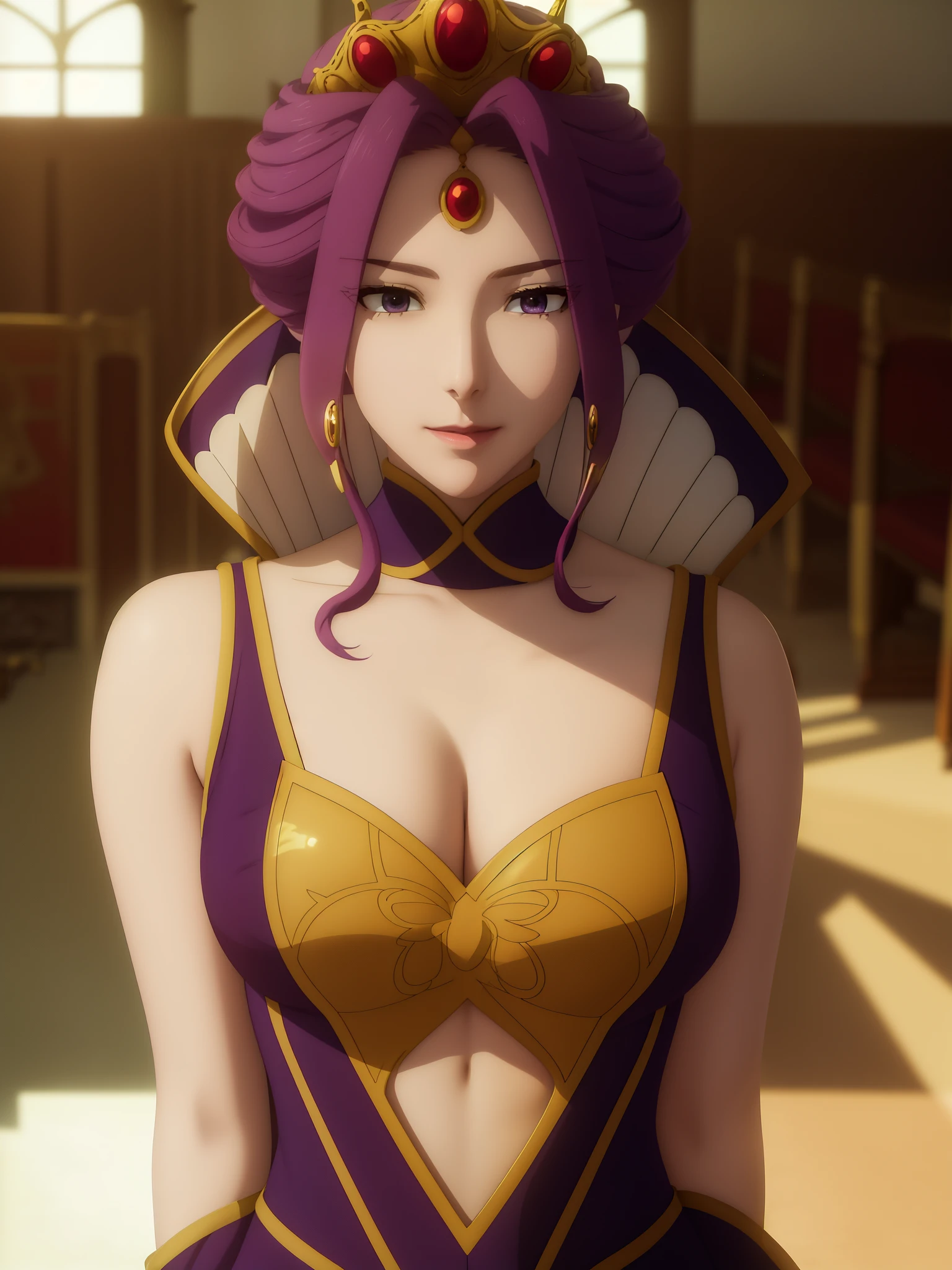 Armpit Show,Sleeveless,Highestquality, masterpiece,(sunset:1.2),Inside the castle, Great Hall ,Red carpet on the floor,
Stand in an upright and immobile position,
Queen's Dress,Long sleeve,Golden crown with jewels,clavicle, Deep valley,
purple_hair, purple_eye, jewelry, Earrings,
1 person, 20-year-old,infp young woman,beautiful Finger,beautiful long legs,beautiful body,
beautiful nose,beautiful character design, Perfect Eyes, 完璧なface,表情豊かなeye,
View your viewers, Center the image,(Upper Body_body),(彼女のfaceに注eye),
Official Art,Very detailed CG Unity 8k 壁紙, Perfect Lighting,colorful, bright_front_face_Lighting,Glowing Skin,
(Tabletop:1.0),(Highest_quality:1.0), 超High resolution,4K,Very detailed,
photograph, 8k, Hmph, High resolution, Absurd:1.2, 400 for Kodak Port, Film Grain, Blurred Background, Bokeh:1.2, Lens flare, (Vibrant_color:1.2)
(beautiful,chest), (beautiful_face:1.5),(narrow_Waist),