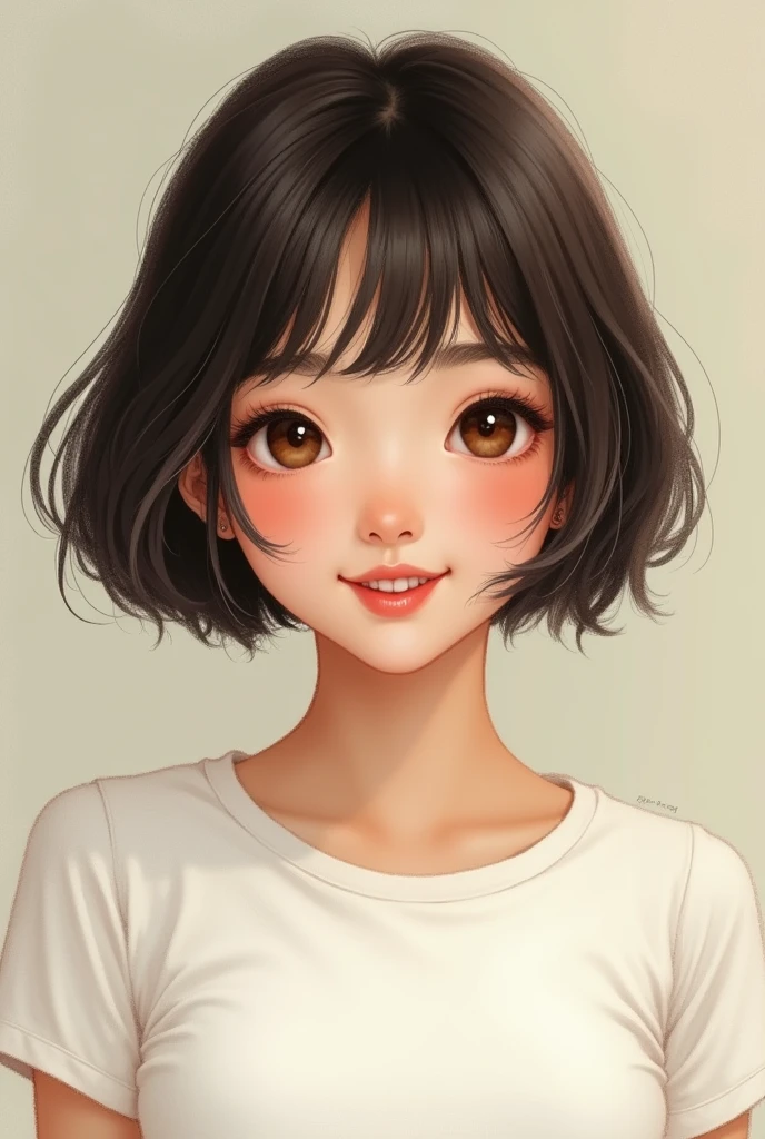 sketch .portrait. looking at the camera. woman. young adult. small face. smalleyes. brown eyes. small nose. full lips. bun. smile. white t-shirt.vintage. bob.