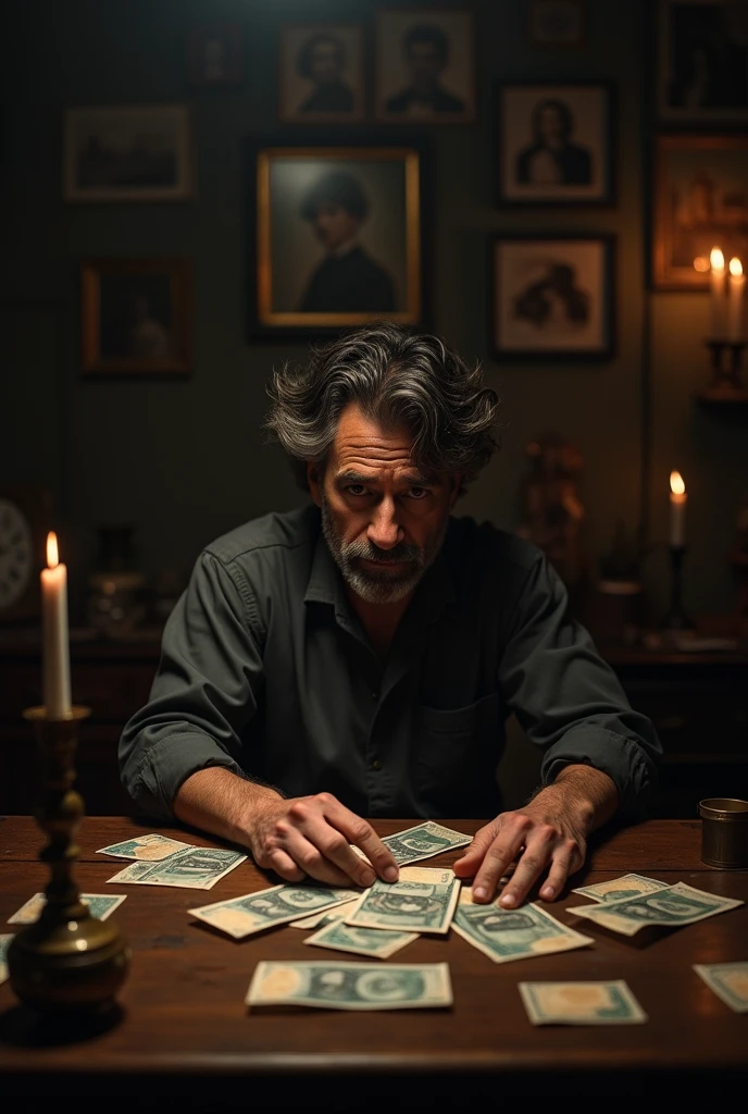 Man sitting at the table,with several banknotes on the table