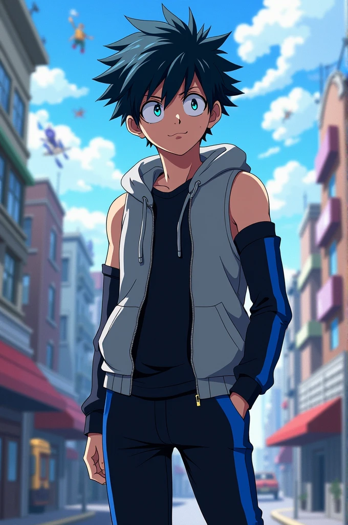 Sixteen year old boy with black hair with a dark blue streak of good physique a sleeveless sweatshirt a black long-sleeved t-shirt black pants with blue stripes lives in My hero academia