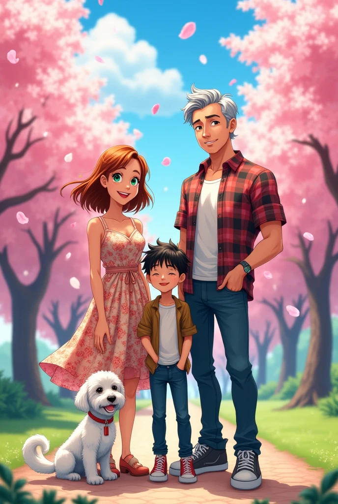 An anime-style family, a 40 year old lady, A 50 year old man, A and a 17-year-old boy with a white Bichon Maltese dog