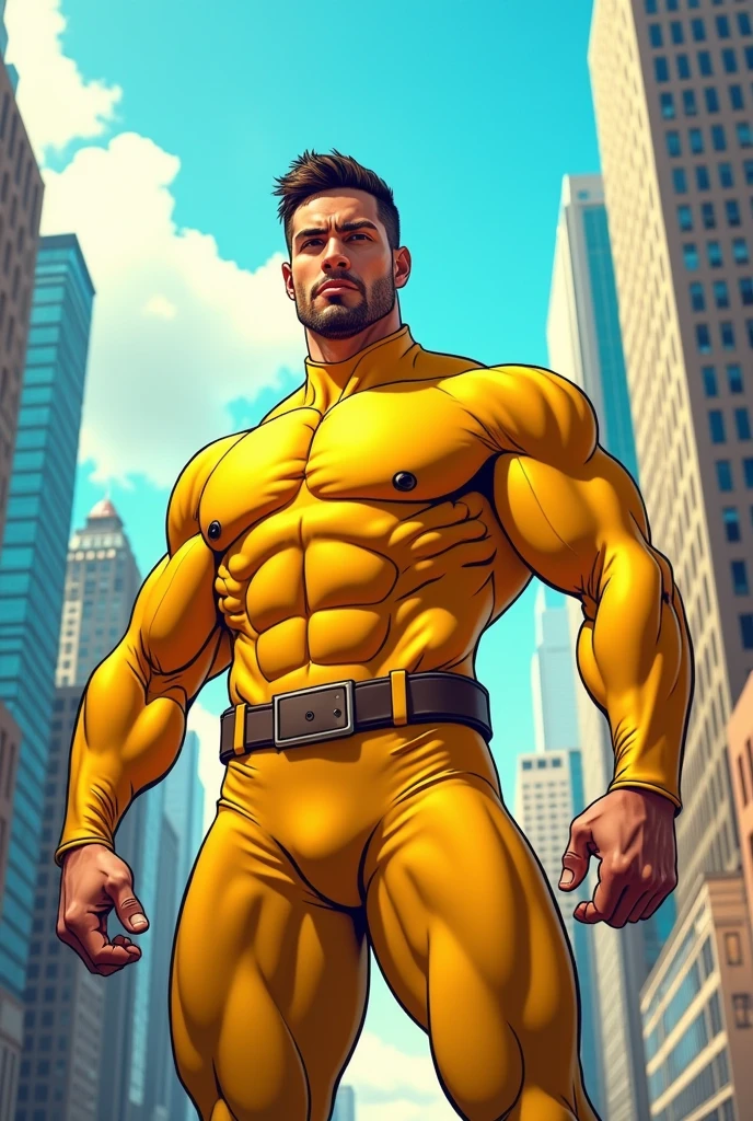 male、male、Strong、Yellow hero suit、Plump、Sturdy、body with fat、muscle、Strong Arms、stamina。