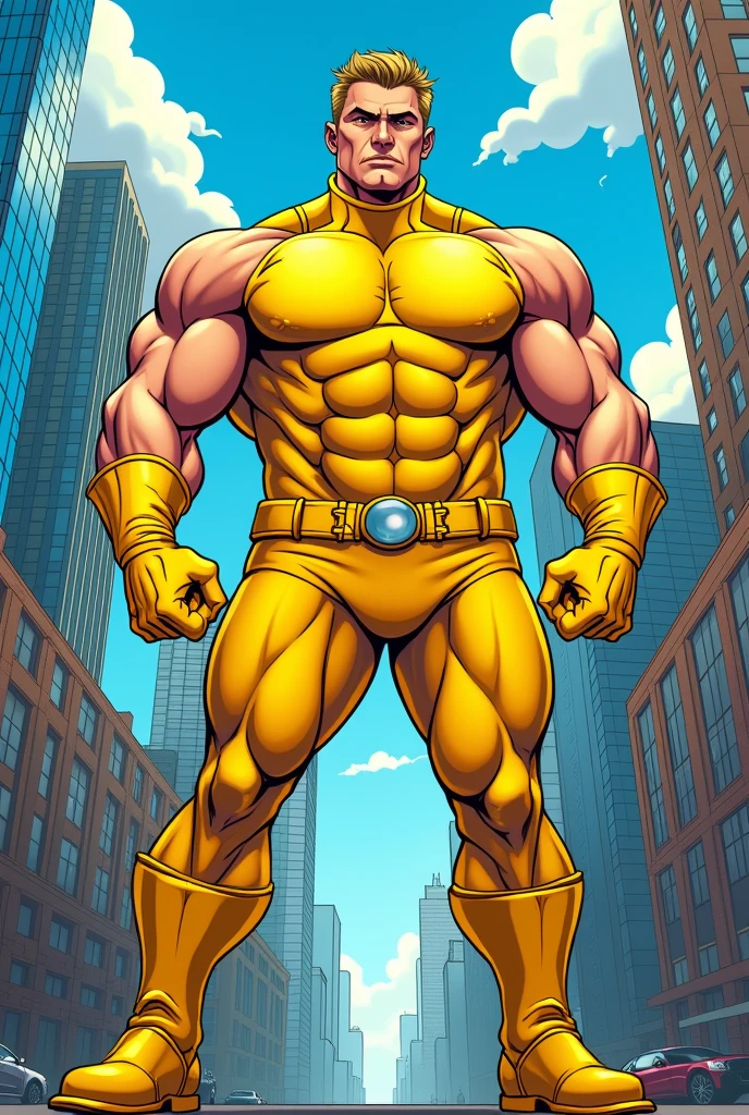 male、male、Strong、Yellow hero suit、Plump、Sturdy、body with fat、muscle、Strong Arms、stamina。