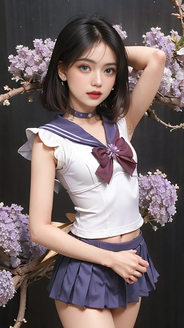 Super beautiful eyes、innocent face, (((realisitic)))a picture, ​masterpiece, top-quality, 1girl in, a slender waist, top-quality, pale-skinned, Black background, (Face and eye details:1.1), Unique, (masterpiece, highest quality: 1.2), alone, 1 girl, sailor saturn, Magical girl, shut up, look at the audience, put your hand on your waist, sailor warrior uniform, pleated skirt, elbow bag, jewelry, (((brooch)), collar, purple eyes, space background universe, milky way, whole body, distance composition, ((small purple flowers)),((white panties)), showing tits, medium breast, torch clothes