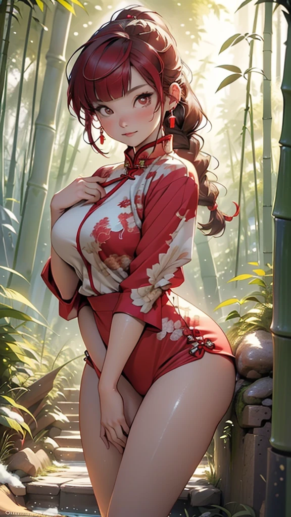 1female,45 yers old,A MILF,熟妇,mature,Married woman is a little fat,The chest is large,Huge cleavage, A sagging breast,独奏,(Background with:the rainforest) ,high ponytails,Short hair details,seen from the front, The sky is mostly cloudy,(((tmasterpiece),(Very detailed CG unified 8k wallpaper),Best quality,电影灯光,detailed back ground,beautidful eyes,Bright pupils,黑The eye,Snow-whiteskin,Redlip(very delicate beautiful),(Beautiful and detailed eyes description),ultra - detailed,tmasterpiece,))facing at the camera,A high resolution,ultra - detailed),The chest is large,A sagging breast,Expose breasts exposed,Bare genitals, convex,legs are open,Raised sexy,Camel toes,face flushed,,(dressed in:green apron)