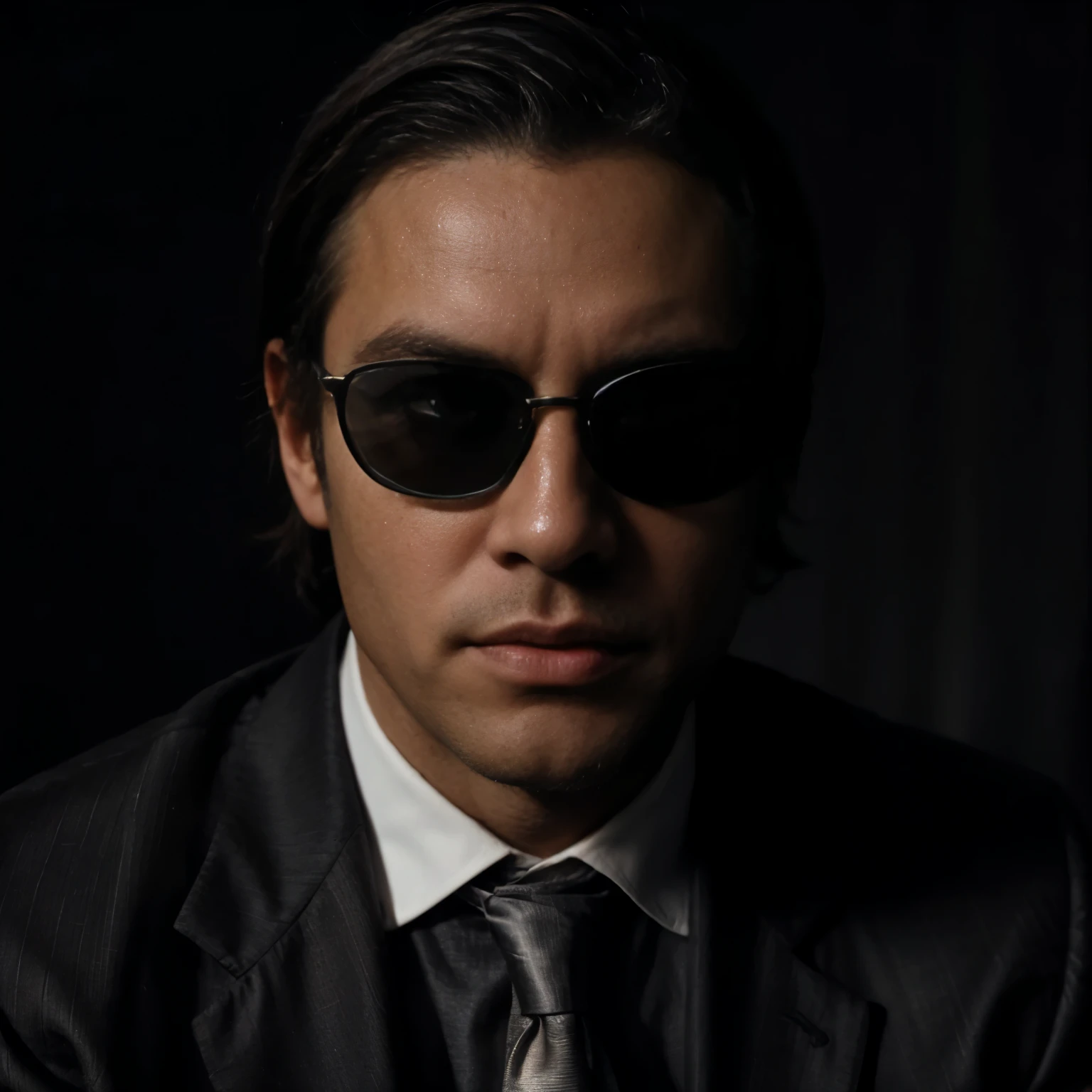 social maffia, bureau, business photo of lawyer (Man) with black sunglasses, extrem light from lamp, dark room