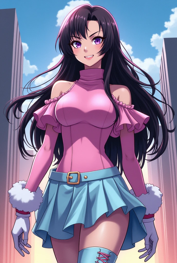 Boku no hero academia comics panel of a female. She has long baby pink hair with black highlight, her eyes are a purple, she is a hero, she is wearing a light pink body suit with and turtle neck and ruffles on the hem, the sleeves are off the should and puffy with ruffles on the bottom she has on a really short light blue skirt with two layers of ruffles around her, she has light blue stockings with fluffy white leg warmers and white heeled boots with pink laces hero costume