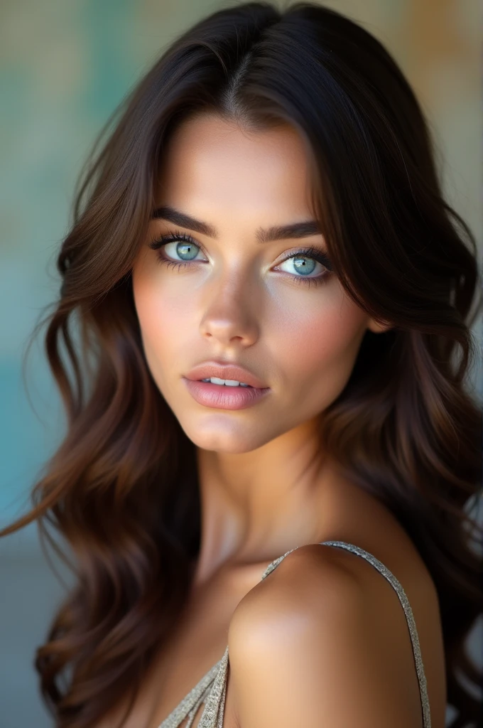 Head of a brunette woman with blue eyes