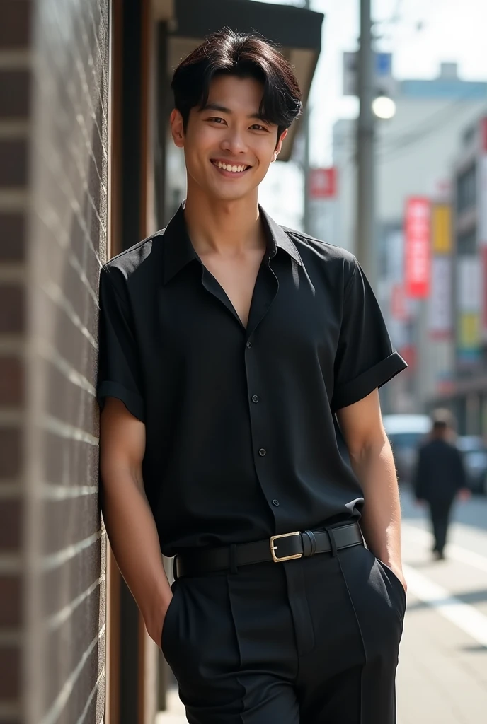 One Man,High resolution, Gaze, smile, Korean mash center part karma perm nuance perm wolf hairstyle,Black Hair,Very detailed, Very detailed, Simple Background, Leaning against a wall on a street corner in Osaka、Face facing the camera,Role Model is、Timeless's Sato Shori,Height: 175cm,Moderately muscular build,Dress in a monotone outfit、Black short sleeve open collar shirt with tapered black trousers