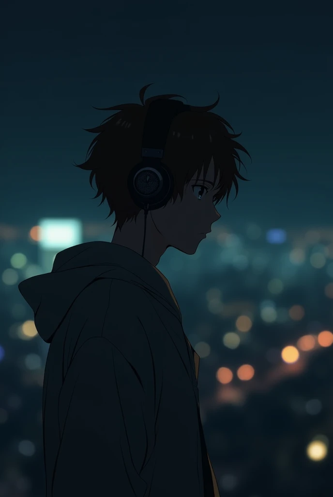 A lonely man in a 90s anime, with brown hair, wearing headphones, standing in front of a dark background.