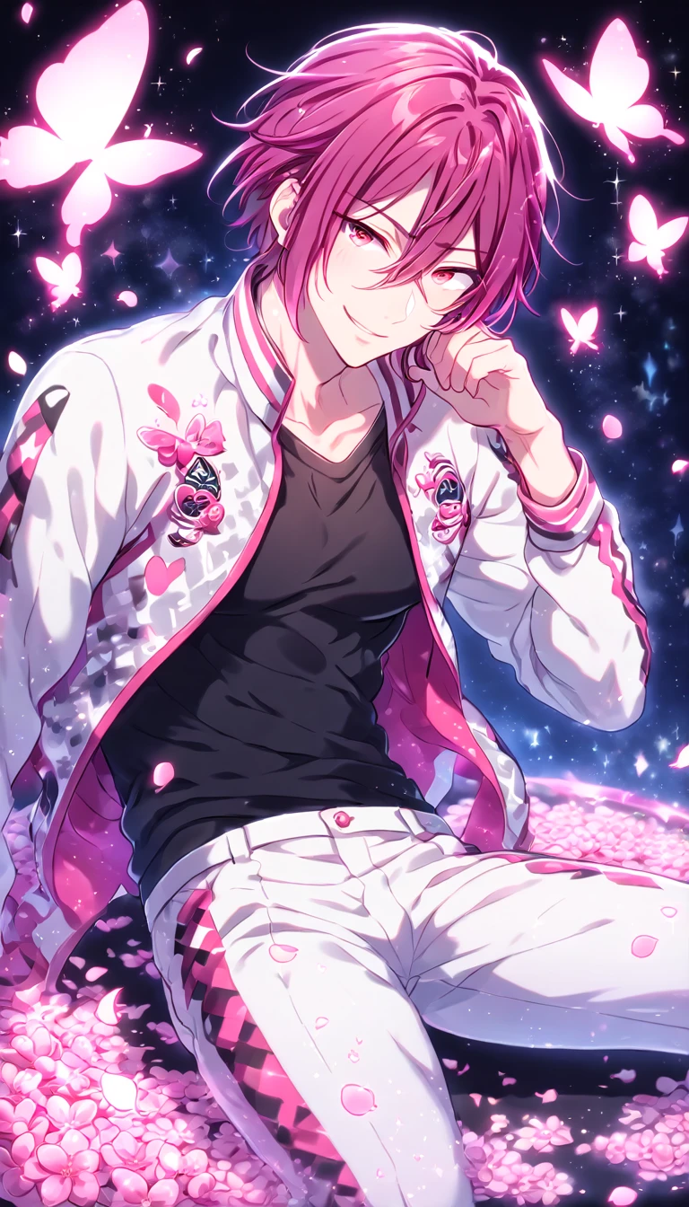 absurdres, highres, ultra detailed, HDR, master piece, Matsuoka Rin, Maroon hair, expressive red eyes, Free!, white jacket, black shirt, white pants, fantasy, glittering pink butterflies, petals, magical, handsome, sexy man sitting, solo, very detailed eyes and face, glittering, pink flowers, sensual, horny, crystal glass magic, pink shining fireflies, pink fire, manly man, handsome smile