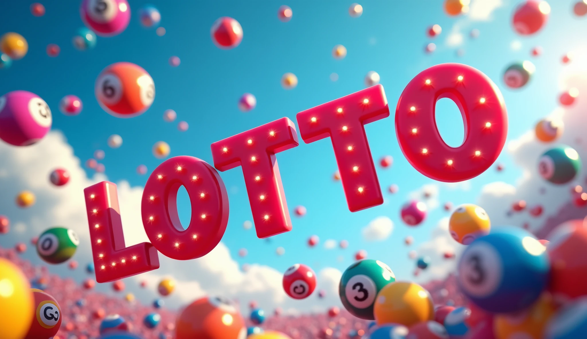This is a scene where dozens of lottery balls are flying around. Six colorful 3D rendered “lotto” letters are flying around.