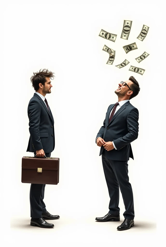 man in suit repentant in the face of a financial crisis next to a man in a suit, with glasses, celebrating and throwing bills,all with white background, They will be 2D drawings