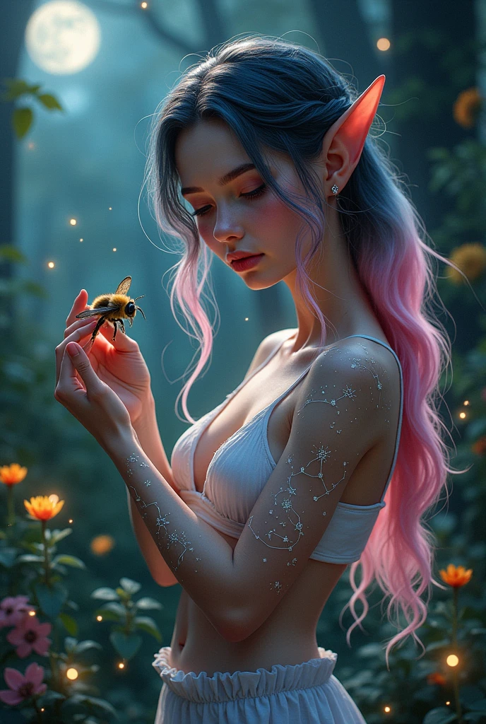a young elf, Woman, bee, tri-color hair pink white black and blue, white constellation tattoo all over the body,