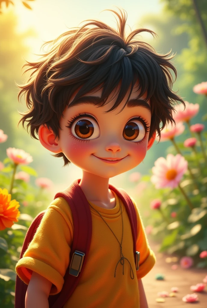 A boy with curly hair, eyes browns, Cao Cao, skin fair, and radiant smile