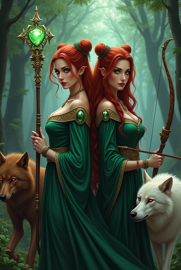 Cover for a fantasy book featuring two sorceress sisters with long red hair and green eyes, one of them carries a staff with an emerald on the tip and has her hair tied in two buns; and the other carries a bow and arrow studded with rubies and has her hair completely loose, no buns. Two Wolves, one with brown fur and black eyes and another with white fur and red eyes protect them . In the background of the image, a group of vampires hide in the shadows and only their red eyes are visible