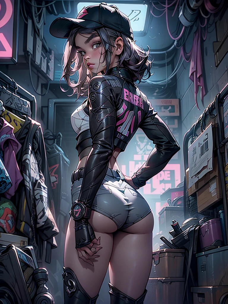 tmasterpiece，best qualtiy，8k wallpaper，The is very detailed，illustratio，（perfect bodies：1.1）, 1个Small Breast Girl, Hailee Steinfeld, cute face, dual horsetail，wearing hat，wearing hot pants, beautiful detailed eyes, beautiful detailed lips, slim body, cute bum, Cyberpunk-inspired short outfits, Baseball bat, Turn Back