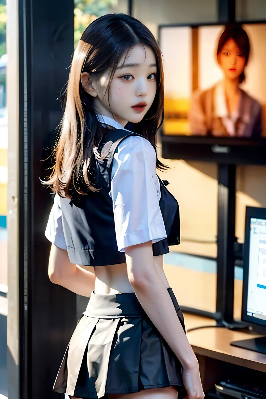(masterpiece: 1.3), (Maximum resolution: 1.2), (Ultra HD TV: 1.2), Cinema Lights, Ultra HD TV, (Detailed eyes and skin), (Detailed facial features), High resolution, 8k resolution, Sharp focus: 1.2,(whole bodyショット:1.8), (whole body:1.8),Perfect Style, Beautiful Face, Accurate, Anatomically correct, Highly detailed face and skin texture, Detailed eyes, Brown eyes, double eyelid, Thin eyebrows, Glitter Eyeliner: 1.2, Natural Cheeks, Glowing Skin, Fair skin: 1.2,18-year-old female, Long Hair, RAW Photos, Bokeh (realism: 1.4, Realistic), High-definition CG integrated 8K wallpaper, One person, ((The body is slim: 1)), (Small breasts: 1), Back to viewers, ((Direct view from the front)), (high qualityスキン: 1.4), 8K Ultra HD, Digital SLR, Soft Light, high quality, Film Grain, Fujifilm XT3, ((school uniform, Short skirt,The open skirt is visible through:1.5)), ((Outdoor, at the park))) Janju, Portraiture,((Layered Short Haircut,Long legs, Slim figure,Medium sized breasts:1.2)),(View your viewers:1.4),(Anatomically correct)