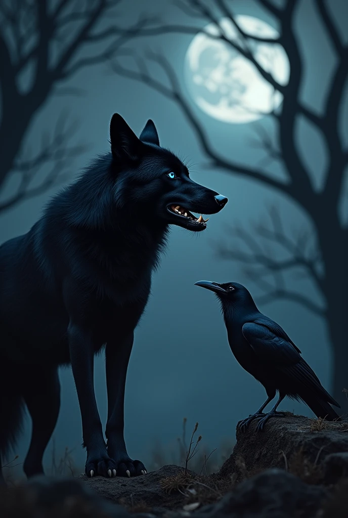 A blue-eyed wolf seen from the side in a dark environment and growling at the raven in front of him . There is forty cm between the wolf and the raven and the wolf is black. The raven and the wolf are both looking at each other.