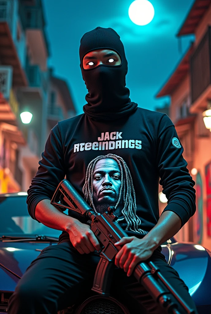 A young man with a mask and white eyes with a presidential weapon on top of a Bugatti in a favela at night and his shirt has the face of Jack Kelintongs and says... Jack The Criminal