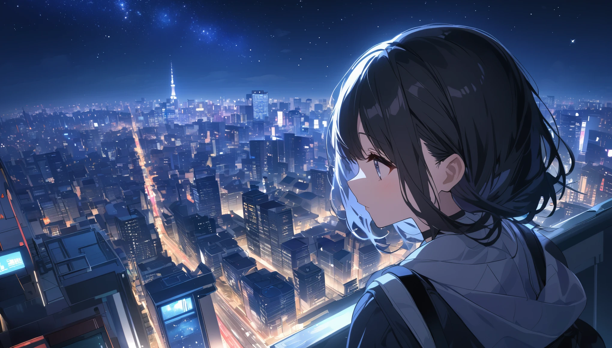 A black-haired woman looking out over the city of Tokyo,Night starry sky,Streetscape、listen to music、Japanese
