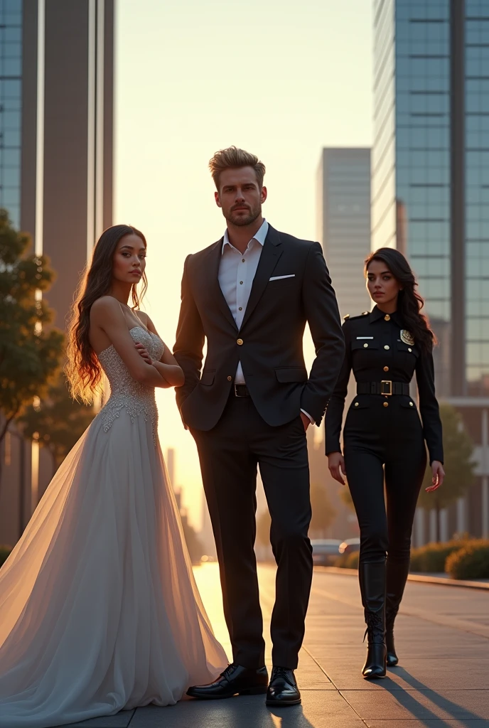 Generate an architectural project of Create a photo of Generate an architectural project of Create for me the image of a handsome and strong man. He's a CEO. His features are blond. He has a woman on each side. one is blonde, is dressed as a bride. And the other one is dressed in a police officer costume and has black hair.., using the modern style. The result is a very real human photo., using the modern style. The result is a photorealistic rendering.