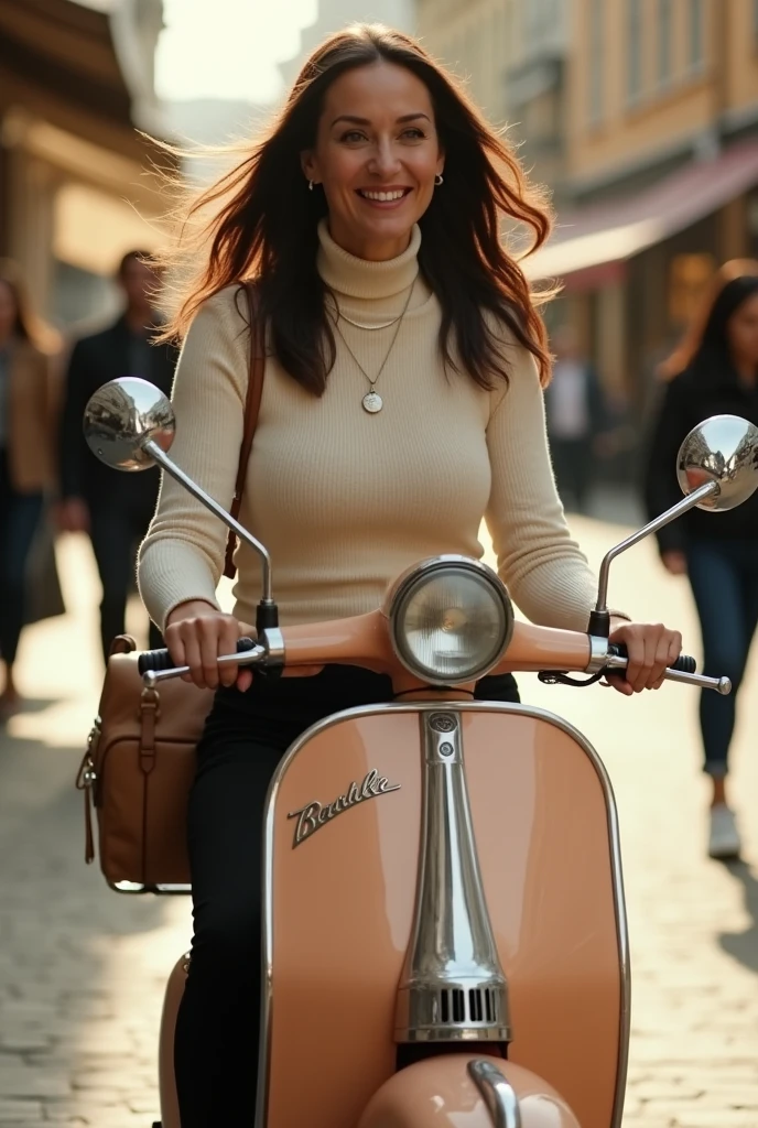 A very beautiful and glamorous 40 year old white housewife rides around the shopping district on a retro 1960s scooter.(wasp)Running on、A shopping bag is in the basket in front、Lightweight turtleneck knit、Black tight pants(Like the movie Sabrina)、very thin and small necklace、Very large, pendulous breasts、a perfect glamorous mature woman's proportions、super realistic mature's body and skin,very huge sagging tits,glamorous sexy naked figure,dark brunette straight long hair,happy smile,The evening sun、