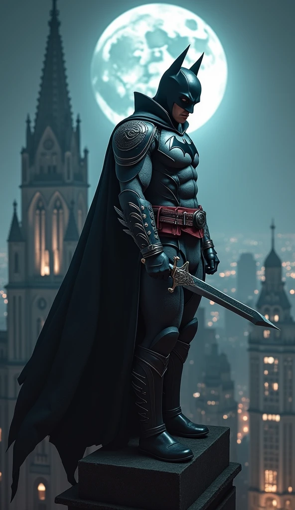Batman, transformed into Ezio Auditore, stands atop a gothic cathedral, his dark cape blending with the night. His armor, a fusion of Bat-like sleekness and Ezio's Renaissance elegance, is adorned with the iconic Assassin's hood, partially shadowing his intense, determined eyes. The Bat-symbol is subtly etched into the chest plate, merging with the Assassin's emblem. His gloved hand grips a hidden blade, ready for silent retribution. The city of Gotham sprawls beneath him, bathed in moonlight, as he embodies the duality of justice—a shadowy figure driven by both vengeance and a deep, unspoken code of honor. The scene captures Batman's relentless pursuit of justice, now sharpened with the ancient precision of an Assassin.