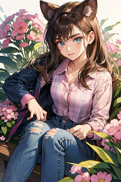 she has brown skin with whiskers, a brown nose, brown eyebrows, and blue eyes. sHe has spiky brown hair molded around her hedgehog ears. she has no sort of animal tail.
sHe wears a molded-on blue and white plaid shirt with a pink bow at the collar and pink flowers scattered across the shirt. sHe wears a black jacket with brown fur lining the collar. sHe wears blue jeans with torn patches on the knees. SPARKLE; GLITTER