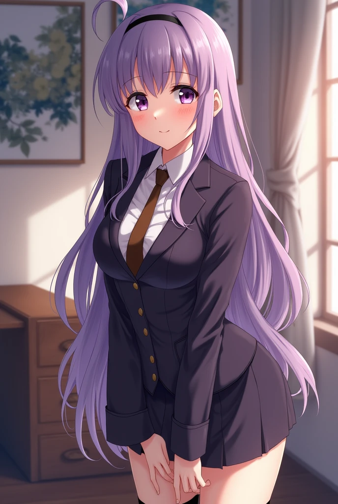 Shy blushing Kyoko Kirigiri from Danganronpa because you said you love her. Kyoko is a relatively tall, pretty girl with purple eyes and a pale complexion. She wears her lavender hair down and with a braid on the side, tied with a black ribbon. Her outfit consists of a dark purple collared jacket over a white blouse and brown tie, along with a short skirt and heeled knee-high boots. 