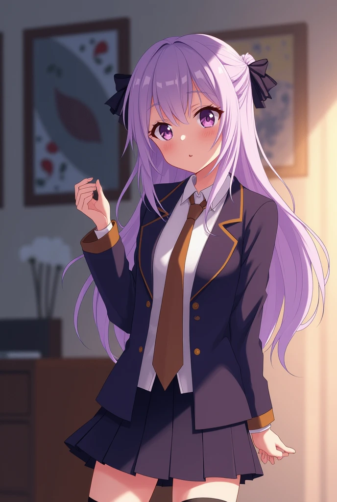 Shy blushing Kyoko Kirigiri from Danganronpa because you said you love her. Kyoko is a relatively tall, pretty girl with purple eyes and a pale complexion. She wears her lavender hair down and with a braid on the side, tied with a black ribbon. Her outfit consists of a dark purple collared jacket over a white blouse and brown tie, along with a short skirt and heeled knee-high boots. 