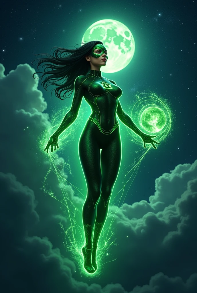 Spidergreenlantern woman floating in the night, beautiful with perfect body, with mask