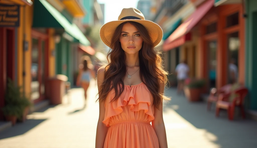 (photorealism:1.2), (full body shot:1.9) Beautiful, stunning, gorgeous, stunning woman, brown hair, green eyes, cleavage, slender legs, soft features, muse, goddess, realistic skin, extremely detailed full body shot of a strikingly stunning woman, wearing a peach coloured ruffled dress and platform wedge heel sandals and a fashionable sunhat, daytime urban setting