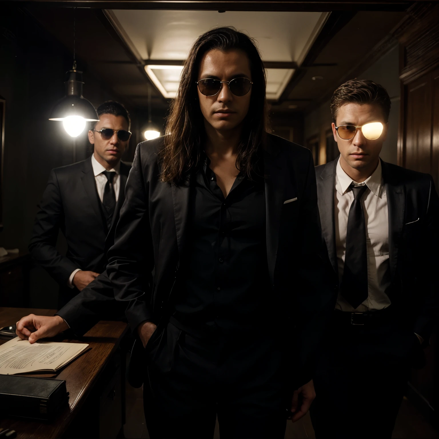 social maffia, bureau, business photo of lawyer (Man) with black sunglasses, extrem light from lamp, dark room
