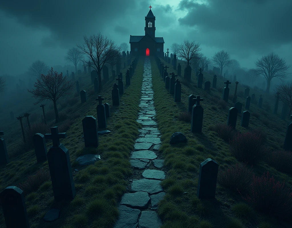 vampire the masquerade, map rpg, ((Map of a large cemetery, on a hill, with a small church at the top of the hill)), game art, birdseye straight top-down shot from a drone, battlemap, current modern theme, seen from above, role-playing game, empty location, nighttime environment, (with realistic proportions and textures, intricate details, handdrawn, vibrant, cinematic lighting, masterpiece, 8k:1.2)