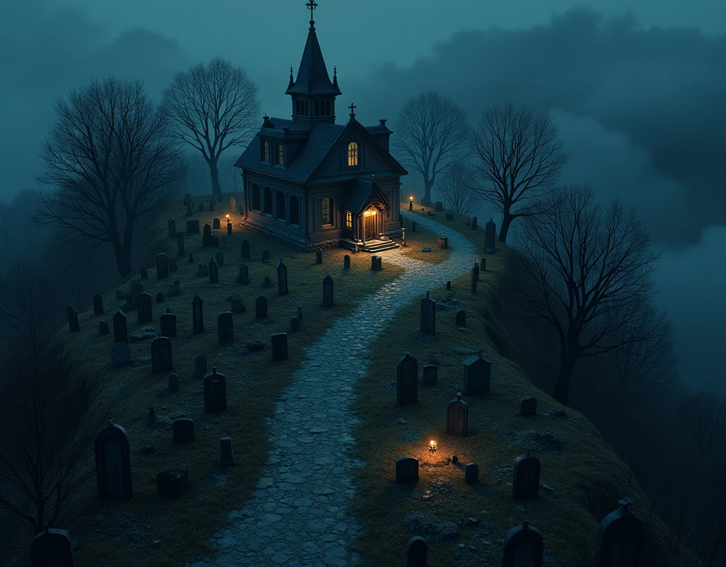 vampire the masquerade, map rpg, ((Map of a large cemetery, on a hill, with a small church at the top of the hill)), game art, birdseye straight top-down shot from a drone, battlemap, current modern theme, seen from above, role-playing game, empty location, nighttime environment, (with realistic proportions and textures, intricate details, handdrawn, vibrant, cinematic lighting, masterpiece, 8k:1.2)