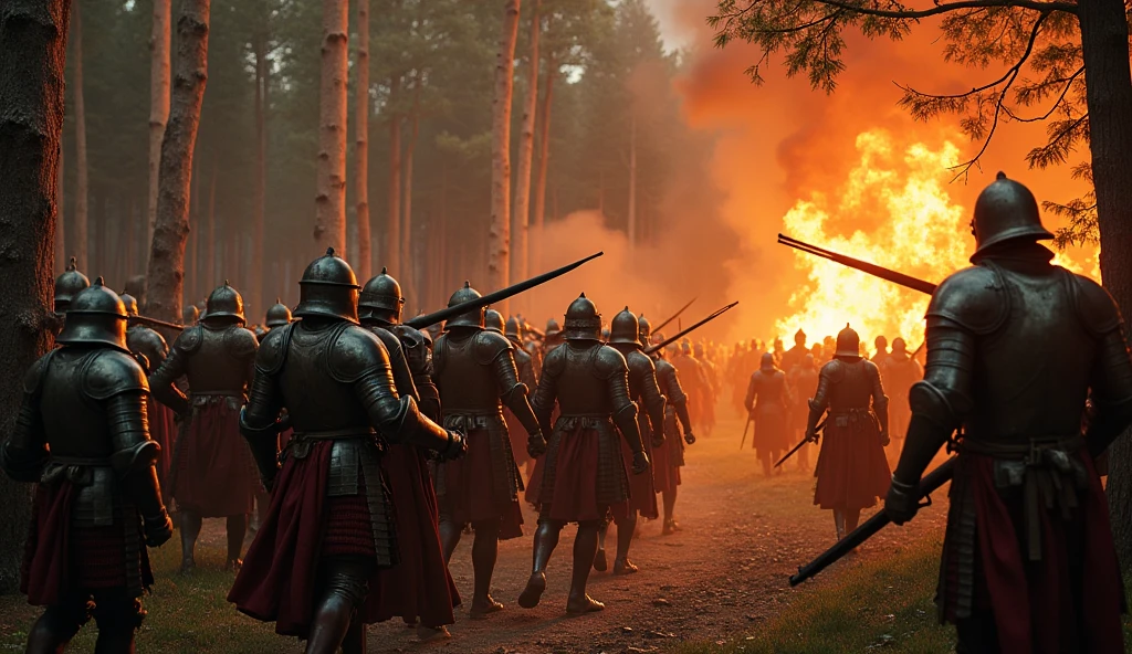 16th century European soldiers in iron armor invading an indigenous village with 16th century flintlocks. Fire in the houses. dense forest