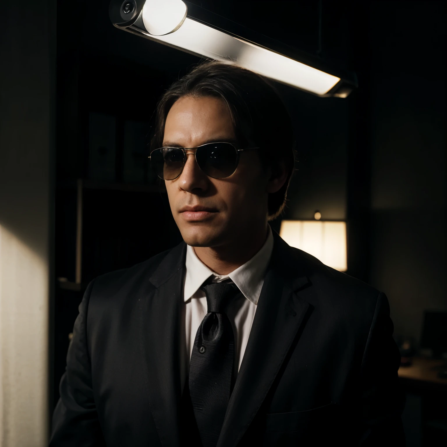 social maffia, bureau, business photo of lawyer (Man) with black sunglasses, extrem light from lamp, dark room