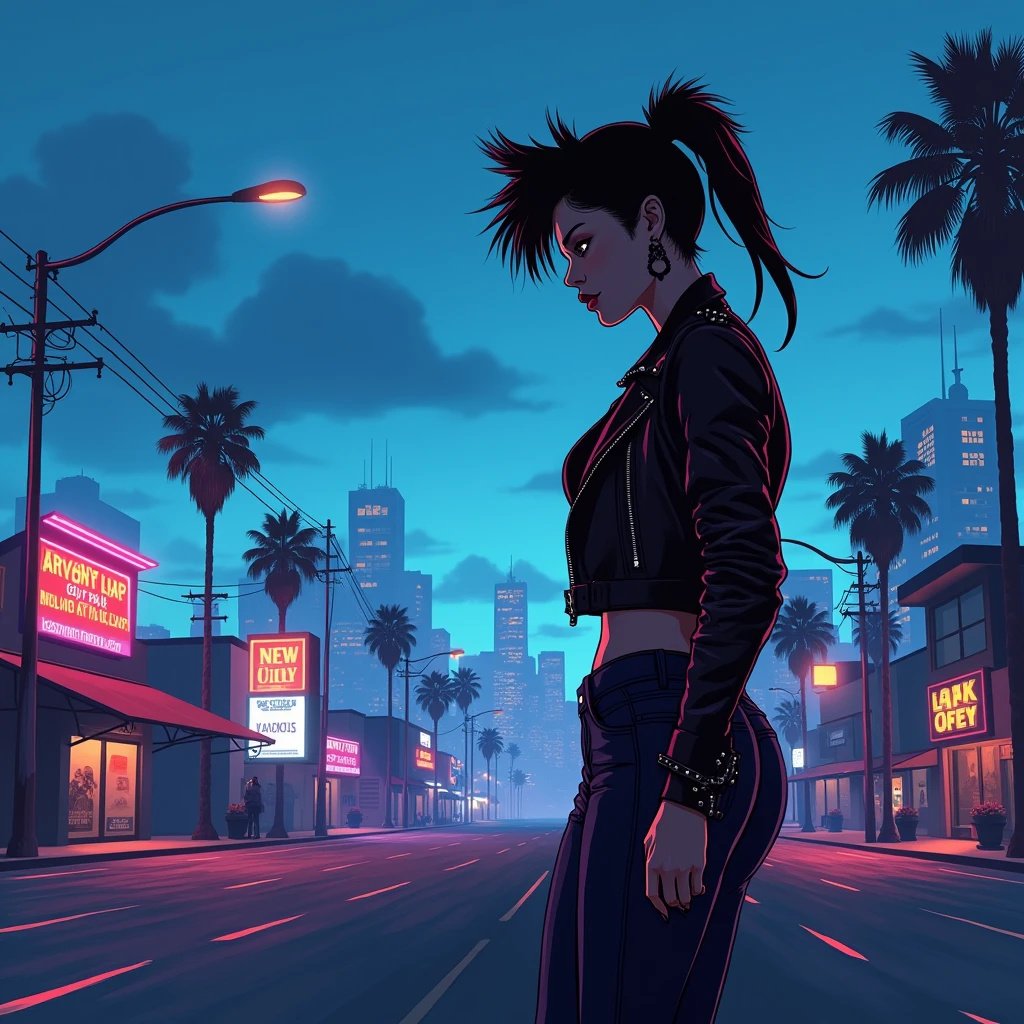 Black shadow of a cartoon style rocker woman, in Vice City GTA, lonely environment, sad blue sky