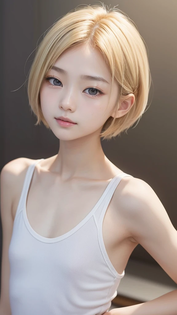 armpits,Create a photo of a korean Asian ager,((beautiful cute idol girl:1.5)), plutinum blonde hair,10yorow eyes:1.5,slim face,slim neck,((thinbody)),white tite tanktop,((rasping)),((frat chest)),((clavicle)),((Narrow eyes：1.5))、(Thin arms)、(Thin neck)、（Thin lips）、littleSmile、slimarms,